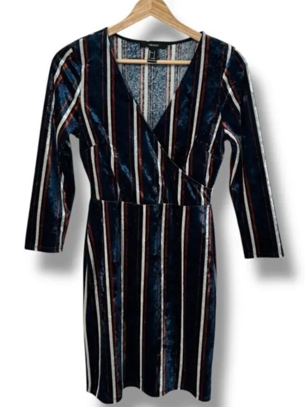 Forever 21 Velour Vertical Stripe Mini Dress Faux Wrap Long Sleeve Size Large
